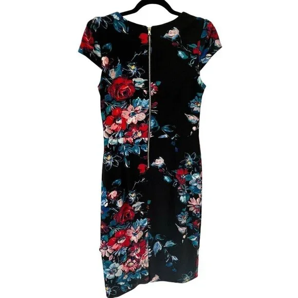 Betsey Johnson Sz 6 Black Floral Midi Bodycon Career Dress Office Siren Party - Picture 2 of 14